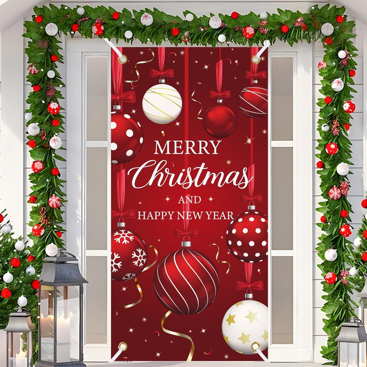 Christmas Door Cover Merry Christmas Fabric Front Door Banner Xmas Ball(70.9 x 35.4 Inch)